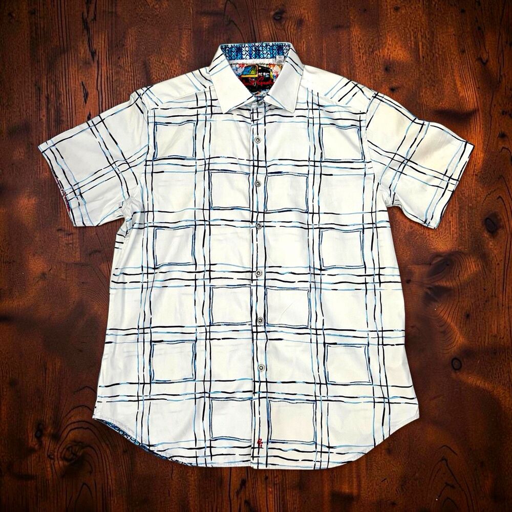 Robert Graham Shirt Mens L Classic Fit White Blue Plaid Short Sleeve Button Up